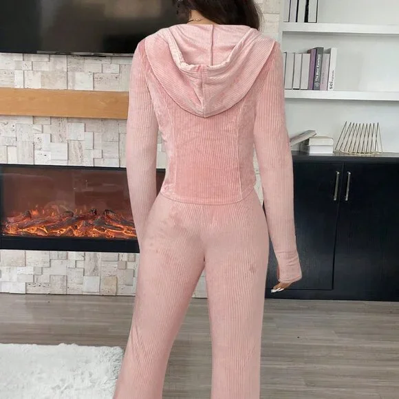 Pink Casual Women's Ribbed Thermal Lined 2-Piece Lounge Set